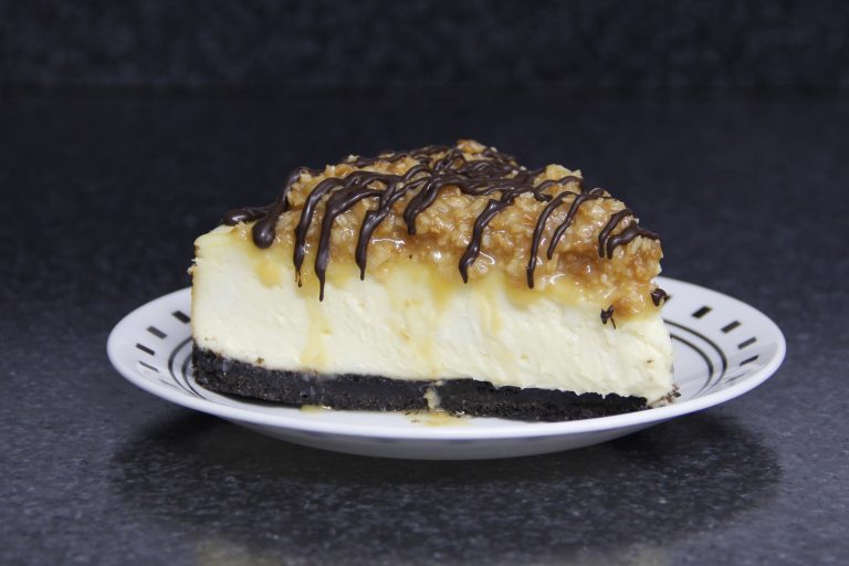 A delicious cheesecake with chocolate drizzled on top