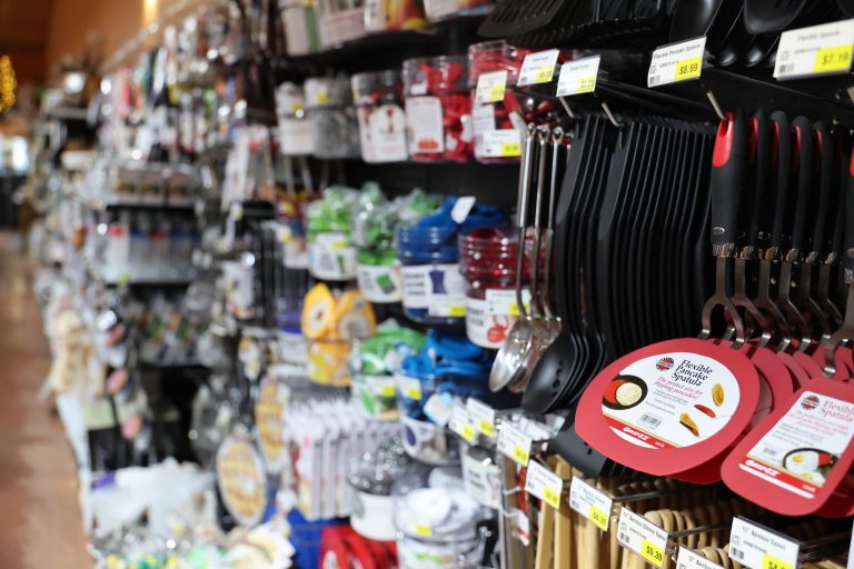Kitchen utensils and other kitchenware on the shelves at Yoder's Country Market